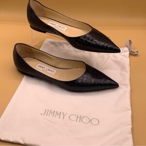 Jimmy Choo Black Croc-Embossed Pointed Flats - Size 37/US 7